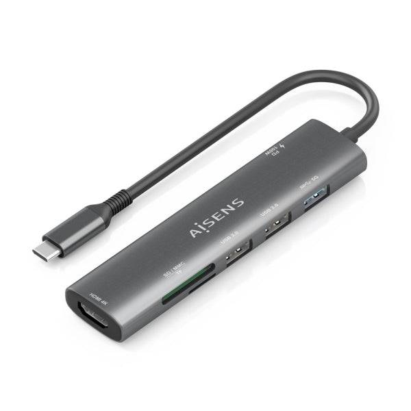 Aisens USB-C Dock 7 in 1 - USB-C a 1xHDMI - 2xUSB-A 2.0 - 1xUSB-A 3.0 - 1xUSB-C 100W - 1xSD - 1xMicroSD - 15cm - Colore Grigio