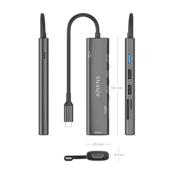 Aisens USB-C Dock 7 in 1 - USB-C a 1xHDMI - 2xUSB-A 2.0 - 1xUSB-A 3.0 - 1xUSB-C 100W - 1xSD - 1xMicroSD - 15cm - Colore Grigio