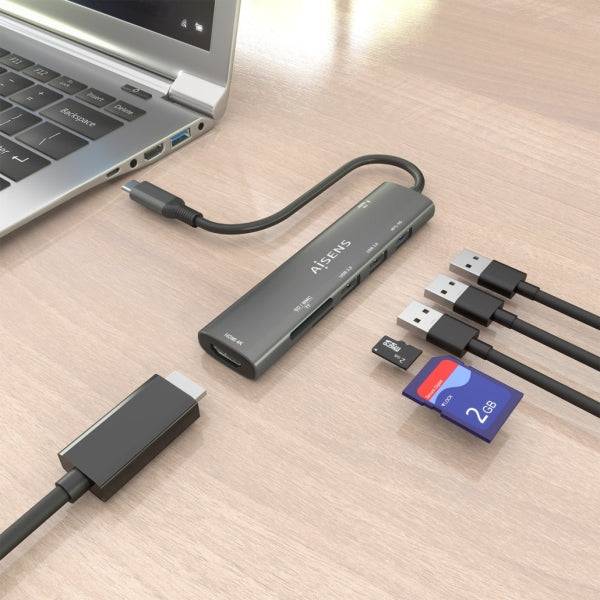 Aisens USB-C Dock 7 in 1 - USB-C a 1xHDMI - 2xUSB-A 2.0 - 1xUSB-A 3.0 - 1xUSB-C 100W - 1xSD - 1xMicroSD - 15cm - Colore Grigio