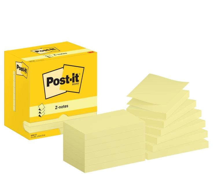 Post-It Confezione da 12 Blocchi da 100 Z-Note Adesive Riposizionabili - Forma Rettangolare - 76x127mm - Colore Giallo Chiaro