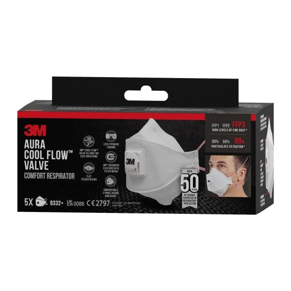 3M Aura Comfort Cool Flow Confezione di 5 Mascherine per Particolato FFP3 - Monouso - con Valvola - per Alti Livelli di Particolato - Colore Bianco
