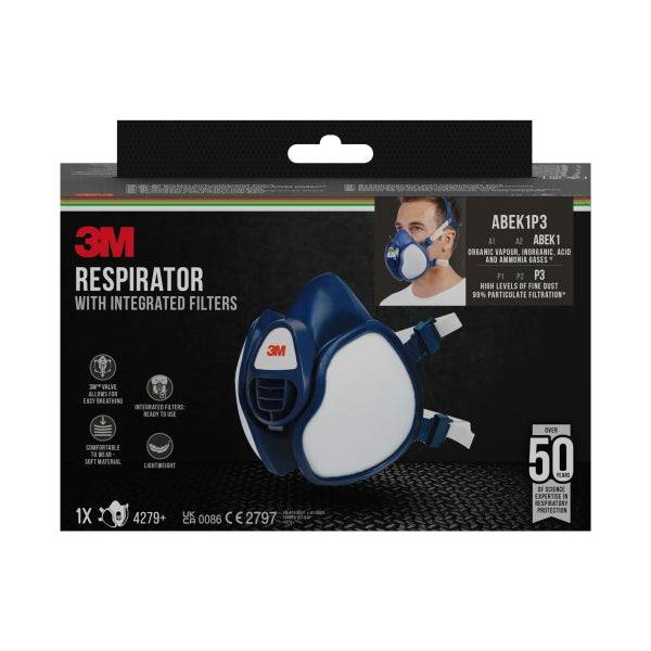 3M Mascherina di Protezione Semifacciale - Filtri Integrati - Protezione Combinata - Riutilizzabile - Colore Blu/Bianco