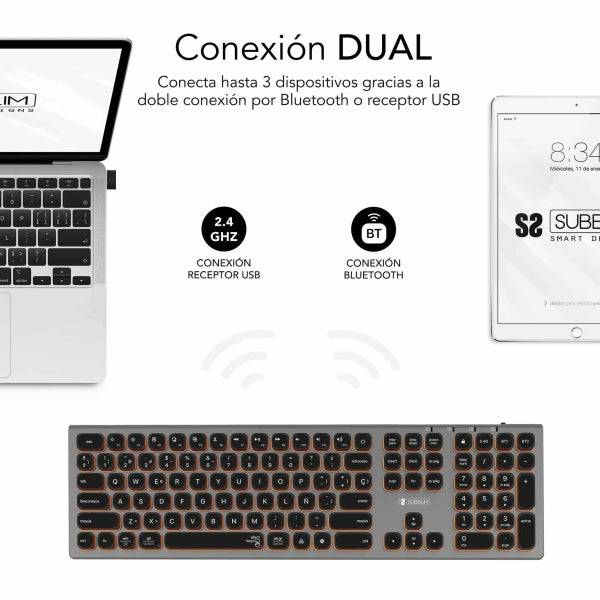 Subblim Tastiera Wireless Master - Bluetooth e 2.4G - Illuminata - Tasti Ergonomici Profilo Basso - Colore Grigio Nero