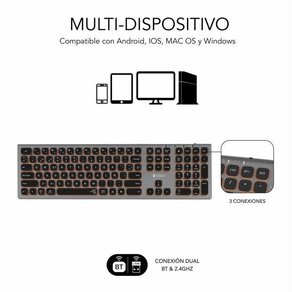 Subblim Tastiera Wireless Master - Bluetooth e 2.4G - Illuminata - Tasti Ergonomici Profilo Basso - Colore Grigio Nero
