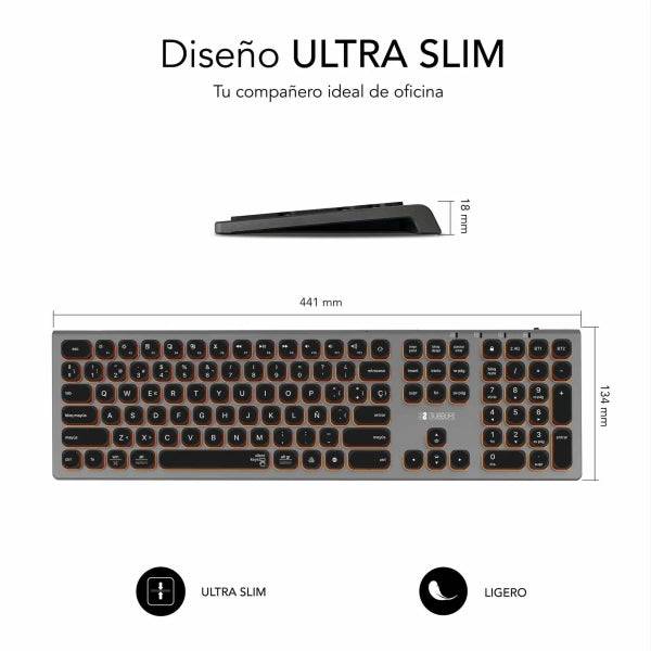 Subblim Tastiera Wireless Master - Bluetooth e 2.4G - Illuminata - Tasti Ergonomici Profilo Basso - Colore Grigio Nero