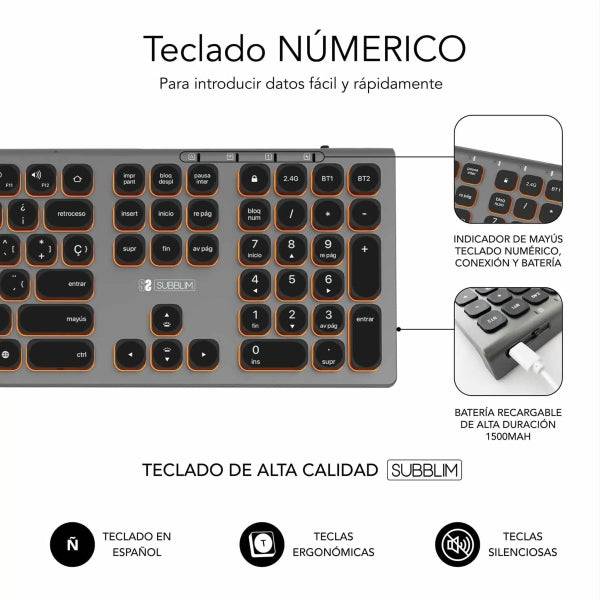 Subblim Tastiera Wireless Master - Bluetooth e 2.4G - Illuminata - Tasti Ergonomici Profilo Basso - Colore Grigio Nero