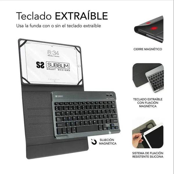 Subblim Tastiera Bluetooth Estraibile - Custodia Universale 9-10.1" - Design Ultrasottile - Supporto Regolabile - Accesso a Tutte le Funzioni - Sistema Magnetico - Resistente e Adattabile - Wireless - Bluetooth - Colore Nero