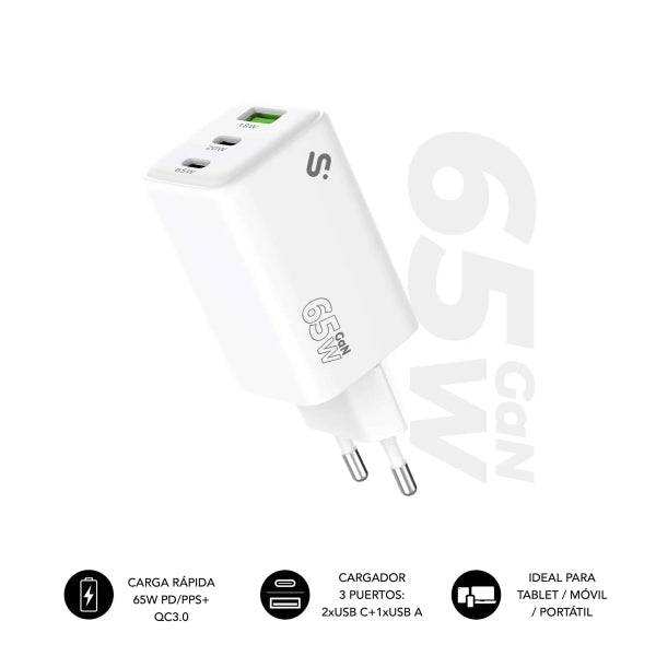 Subblim Caricabatterie da Parete GaN 65W - 3 Porte (2xUSB-C + 1xUSB-A) - Ricarica Ultra Rapida - Colore Bianco