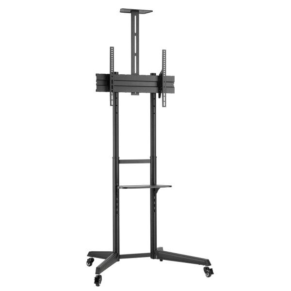 Ewent Supporto da Pavimento per TV fino a 70" - Ripiano Ausiliario - Altezza Regolabile - Gestione Cavi - VESA Massimo 600x400 - Peso Massimo 50kg - Ruote con Freno - 871x678x1966mm - Colore Nero