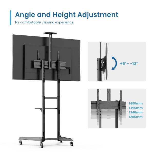 Ewent Supporto da Pavimento per TV fino a 70" - Ripiano Ausiliario - Altezza Regolabile - Gestione Cavi - VESA Massimo 600x400 - Peso Massimo 50kg - Ruote con Freno - 871x678x1966mm - Colore Nero