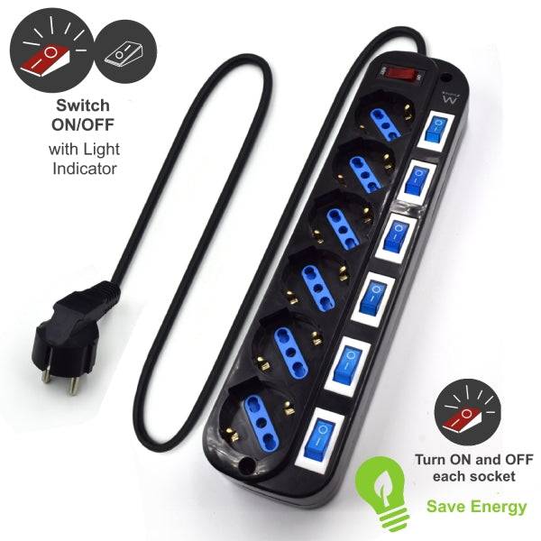 Ewent Ciabatta 6 Prese di Sicurezza - 6x Schuko 16A - Protezione da Sovratensioni - Interruttore On/Off Generale e Individuali - Protezione Bambini - Cavo 1.5m - Colore Nero