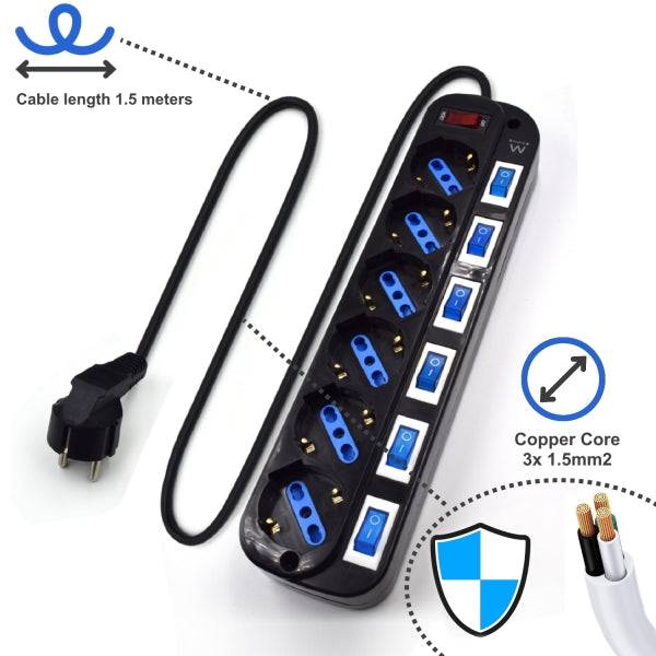Ewent Ciabatta 6 Prese di Sicurezza - 6x Schuko 16A - Protezione da Sovratensioni - Interruttore On/Off Generale e Individuali - Protezione Bambini - Cavo 1.5m - Colore Nero
