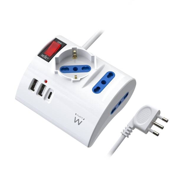 Ewent Ciabatta con 6 Prese da Tavolo - 2 Prese L + 1 Presa L/F (Schuko) - 2x USB-A - 1x USB-C - Spina Italiana Piatta ad Angolo - Interruttore On/Off - Cavo 1.5m - Colore Bianco