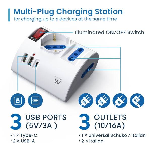 Ewent Ciabatta con 6 Prese da Tavolo - 2 Prese L + 1 Presa L/F (Schuko) - 2x USB-A - 1x USB-C - Spina Italiana Piatta ad Angolo - Interruttore On/Off - Cavo 1.5m - Colore Bianco