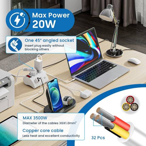 Ewent Ciabatta con 6 Prese da Tavolo - 2 Prese L + 1 Presa L/F (Schuko) - 2x USB-A - 1x USB-C - Spina Italiana Piatta ad Angolo - Interruttore On/Off - Cavo 1.5m - Colore Bianco