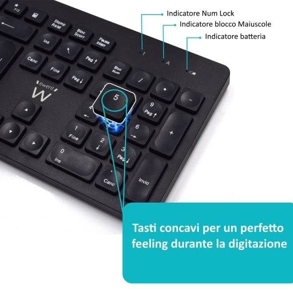 Ewent Pack Tastiera + Mouse Wireless - Ricevitore USB-A 2.4GHz - 1000dpi - Disposizione Italiana QWERTY IT - Include Batterie AA/AAA - Tasti Concavi - Colore Nero