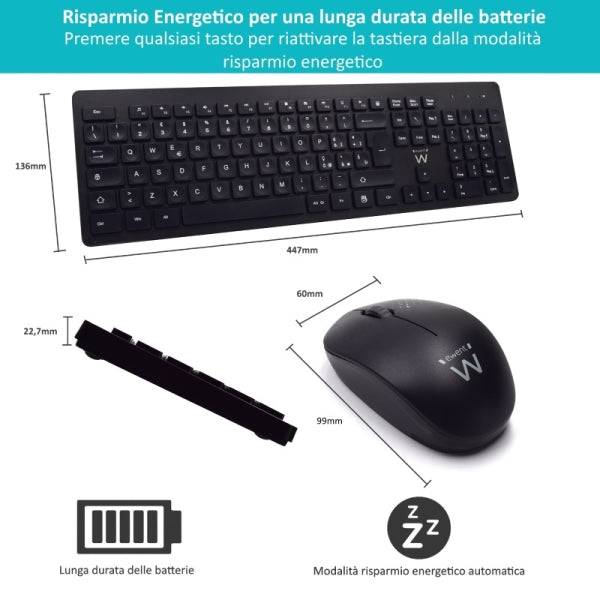 Ewent Pack Tastiera + Mouse Wireless - Ricevitore USB-A 2.4GHz - 1000dpi - Disposizione Italiana QWERTY IT - Include Batterie AA/AAA - Tasti Concavi - Colore Nero