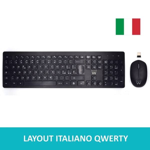Ewent Pack Tastiera + Mouse Wireless - Ricevitore USB-A 2.4GHz - 1000dpi - Disposizione Italiana QWERTY IT - Include Batterie AA/AAA - Tasti Concavi - Colore Nero