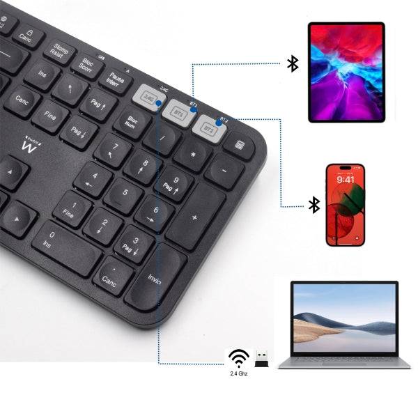 Ewent Tastiera Wireless - Modalità Risparmio Energetico - Disposizione Italiana QWERTY IT - 1x Batteria AAA (Inclusa) - Portata fino a 10m - Colore Nero