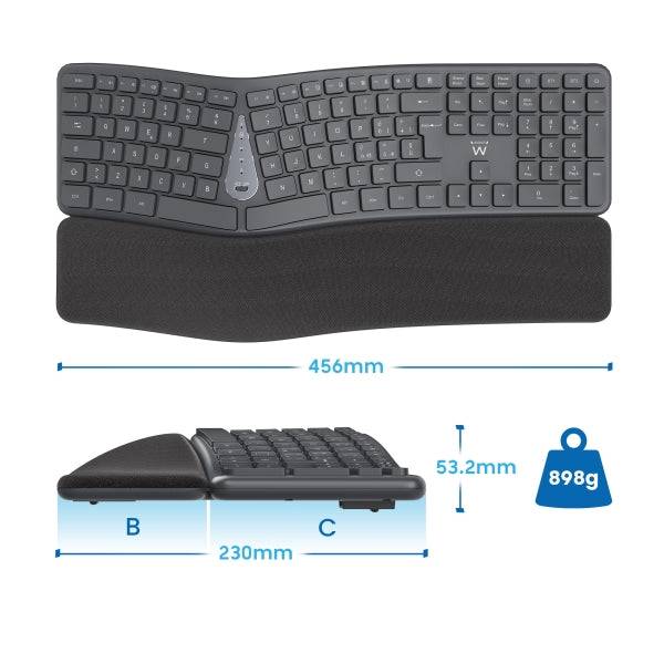 Ewent Tastiera Wireless - Ergonomica - Batteria Litio Ricaricabile 300mAh - Tasti Bassi Profilo e Silenziosi - Colore Nero