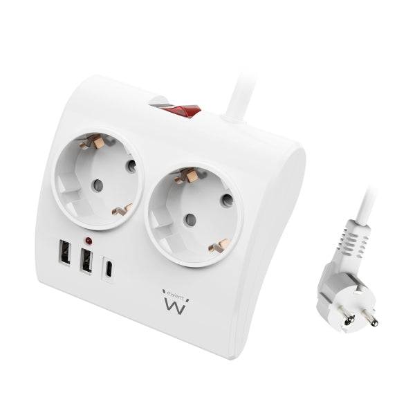 Ewent Ciabatta da Scrivania 5 Prese - 2x Schuko 16A - 2x USB-A - 1x USB-C - Interruttore On/Off - Cavo 1.5m