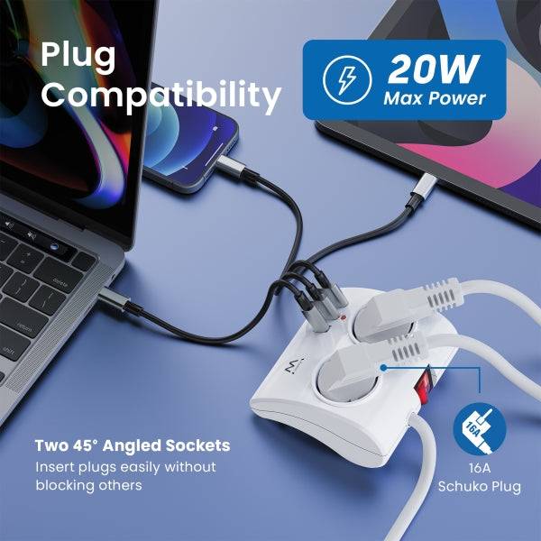Ewent Ciabatta da Scrivania 5 Prese - 2x Schuko 16A - 2x USB-A - 1x USB-C - Interruttore On/Off - Cavo 1.5m