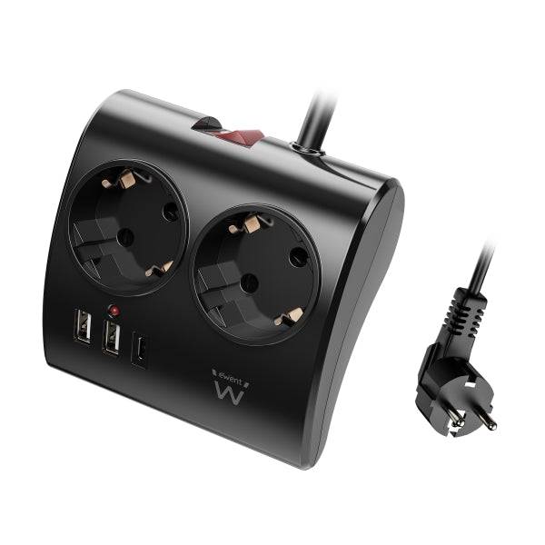 Ewent Ciabatta da Scrivania 5 Prese - 2x Schuko 16A - 2x USB-A - 1x USB-C - Interruttore On/Off - Cavo 1.5m