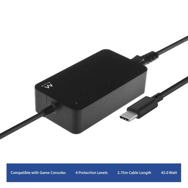 Ewent Caricabatterie Universale per Laptop 45W con USB-C - Power Delivery - Lunghezza Totale Cavo 2,75m - Colore Nero