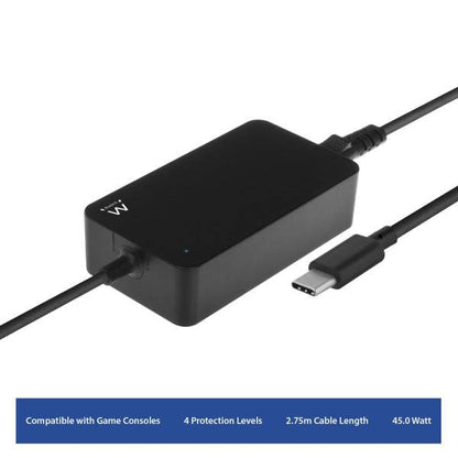 Ewent Caricabatterie Universale per Laptop 45W con USB-C - Power Delivery - Lunghezza Totale Cavo 2,75m - Colore Nero