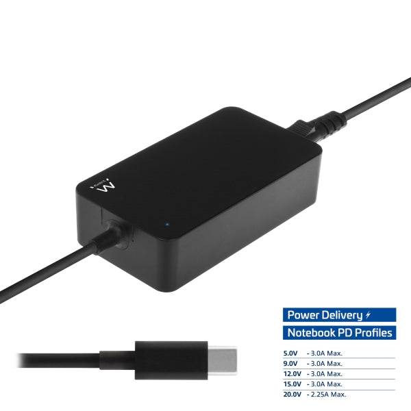 Ewent Caricabatterie Universale per Laptop 45W con USB-C - Power Delivery - Lunghezza Totale Cavo 2,75m - Colore Nero