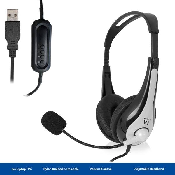Ewent Cuffie Stereo USB - Microfono Integrato - Cavo Intrecciato Nylon 2m - Colore Nero/Grigio
