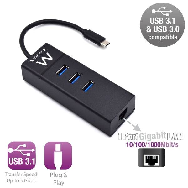 Ewent Hub USB-C 4 in 1 - 3x USB-A - 1x RJ45 - fino a 1000Mbps - Cavo 15cm - Colore Nero