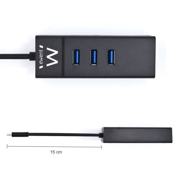 Ewent Hub USB-C 4 in 1 - 3x USB-A - 1x RJ45 - fino a 1000Mbps - Cavo 15cm - Colore Nero