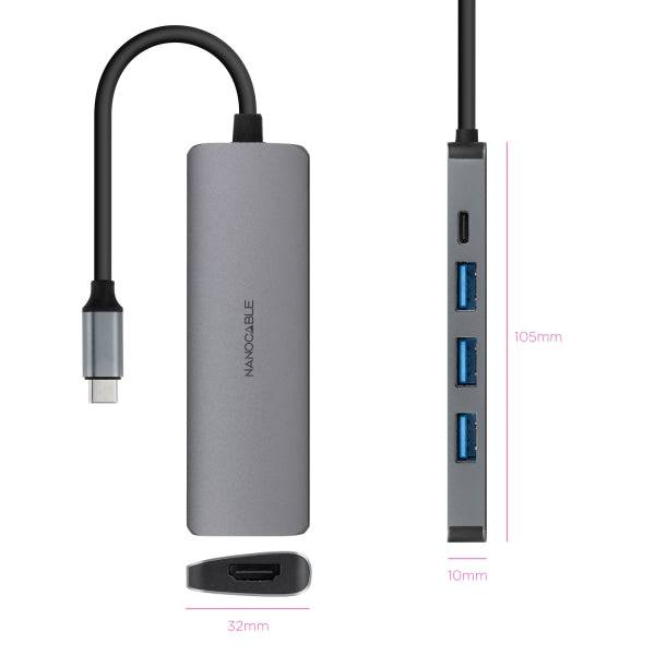 Nanocable HUB USB-C 5 in 1 - Convertitore USB-C 3.1 a 3 x USB-A 3.0 + USB-C PD 100W + HDMI - Alluminio - 18cm - Colore Grigio