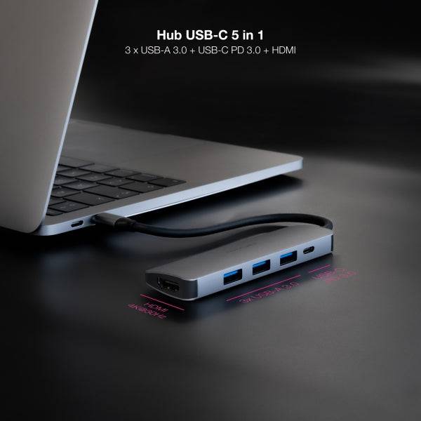 Nanocable HUB USB-C 5 in 1 - Convertitore USB-C 3.1 a 3 x USB-A 3.0 + USB-C PD 100W + HDMI - Alluminio - 18cm - Colore Grigio
