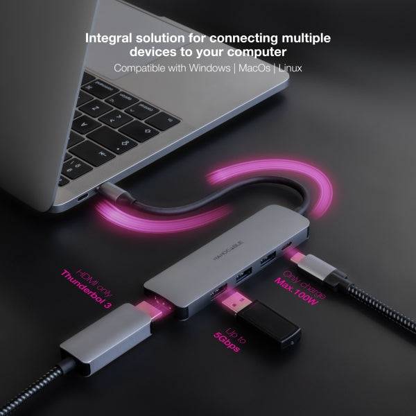 Nanocable HUB USB-C 5 in 1 - Convertitore USB-C 3.1 a 3 x USB-A 3.0 + USB-C PD 100W + HDMI - Alluminio - 18cm - Colore Grigio