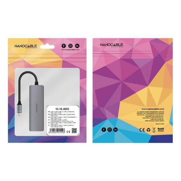 Nanocable HUB USB-C 5 in 1 - Convertitore USB-C 3.1 a 3 x USB-A 3.0 + USB-C PD 100W + HDMI - Alluminio - 18cm - Colore Grigio