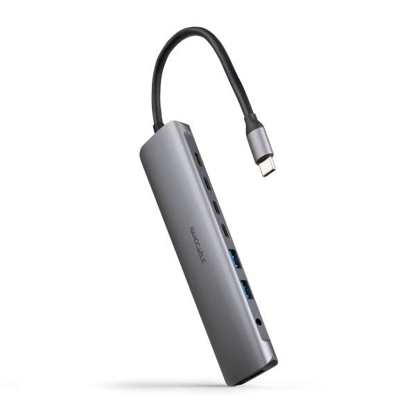 Nanocable HUB USB-C 8 in 1 - Convertitore USB-C 3.1 a 2 x USB-A 3.0 + 3 x USB-C 3.0 + USB-C PD 100W + HDMI 4K@60Hz + Jack Audio 3,5 - Alluminio - 18cm - Colore Grigio