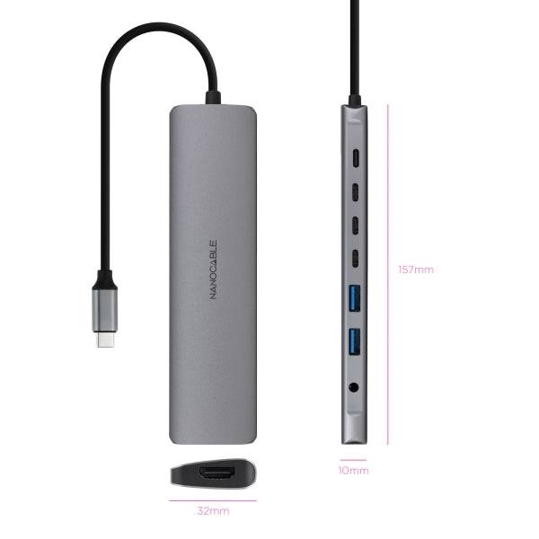 Nanocable HUB USB-C 8 in 1 - Convertitore USB-C 3.1 a 2 x USB-A 3.0 + 3 x USB-C 3.0 + USB-C PD 100W + HDMI 4K@60Hz + Jack Audio 3,5 - Alluminio - 18cm - Colore Grigio