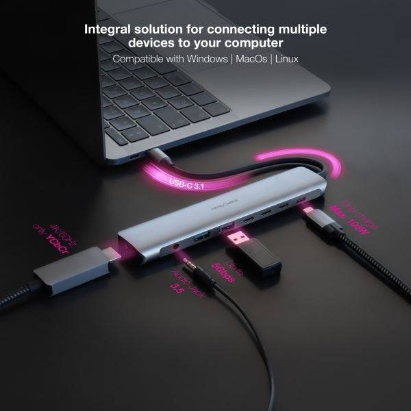 Nanocable HUB USB-C 8 in 1 - Convertitore USB-C 3.1 a 2 x USB-A 3.0 + 3 x USB-C 3.0 + USB-C PD 100W + HDMI 4K@60Hz + Jack Audio 3,5 - Alluminio - 18cm - Colore Grigio