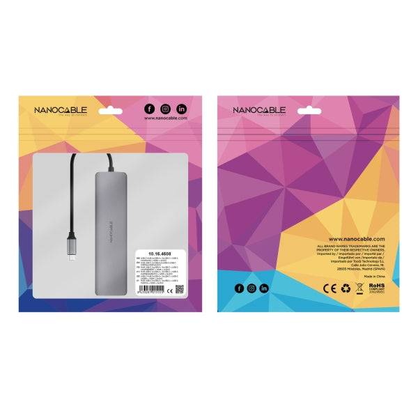 Nanocable HUB USB-C 8 in 1 - Convertitore USB-C 3.1 a 2 x USB-A 3.0 + 3 x USB-C 3.0 + USB-C PD 100W + HDMI 4K@60Hz + Jack Audio 3,5 - Alluminio - 18cm - Colore Grigio