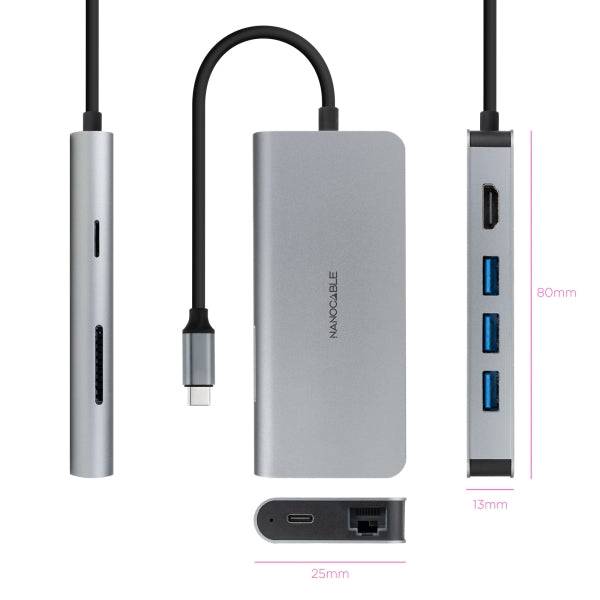 Nanocable HUB USB-C 8 in 1 - Convertitore USB-C 3.1 a 3 x USB-A 3.0 + USB-C PD 100W + HDMI 4K@60Hz + RJ45 + TF + SD - Alluminio - 18cm - Colore Grigio