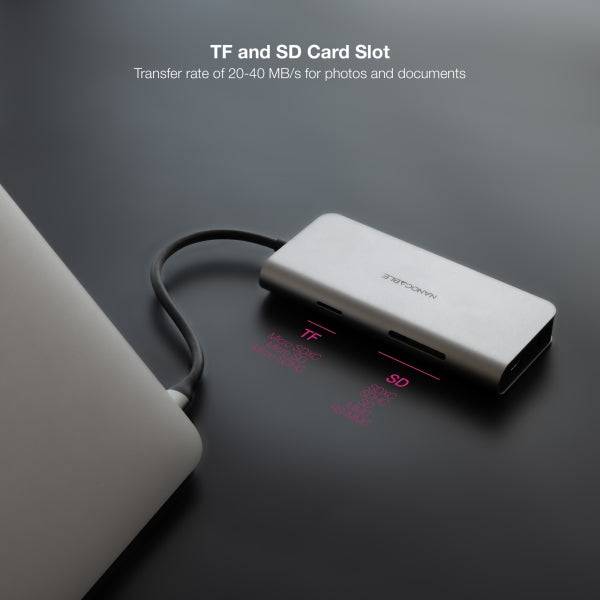 Nanocable HUB USB-C 8 in 1 - Convertitore USB-C 3.1 a 3 x USB-A 3.0 + USB-C PD 100W + HDMI 4K@60Hz + RJ45 + TF + SD - Alluminio - 18cm - Colore Grigio