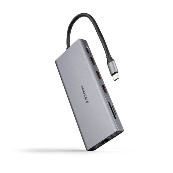 Nanocable HUB USB-C 12 in 1 - Convertitore USB-C 3.1 a 3 x USB-A 3.2 + 3 x USB-C 3.2 + USB-C PD 100W + 2 x HDMI 4K@60Hz + DP 4K@60Hz + RJ45 + TF + SD + Jack Audio 3,5 - Alluminio - 18cm - Colore Grigio