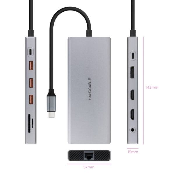 Nanocable HUB USB-C 12 in 1 - Convertitore USB-C 3.1 a 3 x USB-A 3.2 + 3 x USB-C 3.2 + USB-C PD 100W + 2 x HDMI 4K@60Hz + DP 4K@60Hz + RJ45 + TF + SD + Jack Audio 3,5 - Alluminio - 18cm - Colore Grigio