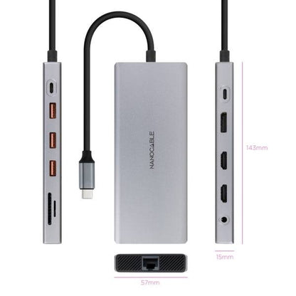 Nanocable HUB USB-C 12 in 1 - Convertitore USB-C 3.1 a 3 x USB-A 3.2 + 3 x USB-C 3.2 + USB-C PD 100W + 2 x HDMI 4K@60Hz + DP 4K@60Hz + RJ45 + TF + SD + Jack Audio 3,5 - Alluminio - 18cm - Colore Grigio