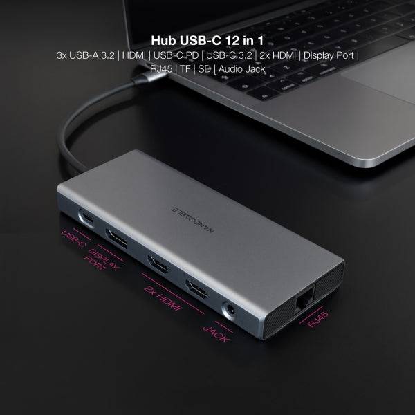 Nanocable HUB USB-C 12 in 1 - Convertitore USB-C 3.1 a 3 x USB-A 3.2 + 3 x USB-C 3.2 + USB-C PD 100W + 2 x HDMI 4K@60Hz + DP 4K@60Hz + RJ45 + TF + SD + Jack Audio 3,5 - Alluminio - 18cm - Colore Grigio