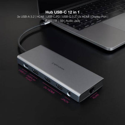 Nanocable HUB USB-C 12 in 1 - Convertitore USB-C 3.1 a 3 x USB-A 3.2 + 3 x USB-C 3.2 + USB-C PD 100W + 2 x HDMI 4K@60Hz + DP 4K@60Hz + RJ45 + TF + SD + Jack Audio 3,5 - Alluminio - 18cm - Colore Grigio