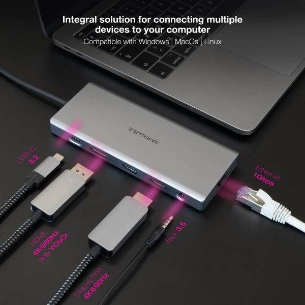 Nanocable HUB USB-C 12 in 1 - Convertitore USB-C 3.1 a 3 x USB-A 3.2 + 3 x USB-C 3.2 + USB-C PD 100W + 2 x HDMI 4K@60Hz + DP 4K@60Hz + RJ45 + TF + SD + Jack Audio 3,5 - Alluminio - 18cm - Colore Grigio