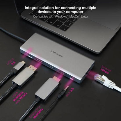Nanocable HUB USB-C 12 in 1 - Convertitore USB-C 3.1 a 3 x USB-A 3.2 + 3 x USB-C 3.2 + USB-C PD 100W + 2 x HDMI 4K@60Hz + DP 4K@60Hz + RJ45 + TF + SD + Jack Audio 3,5 - Alluminio - 18cm - Colore Grigio